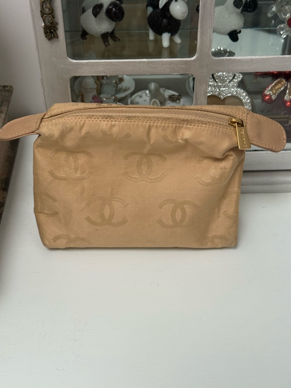 CHANEL Gold-Beige Nylon CC Logo Cosmetic Pouch